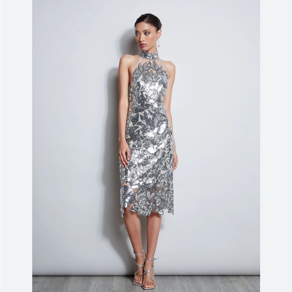 Elie Tahari Silver Floral Sequin Midi Dress 2